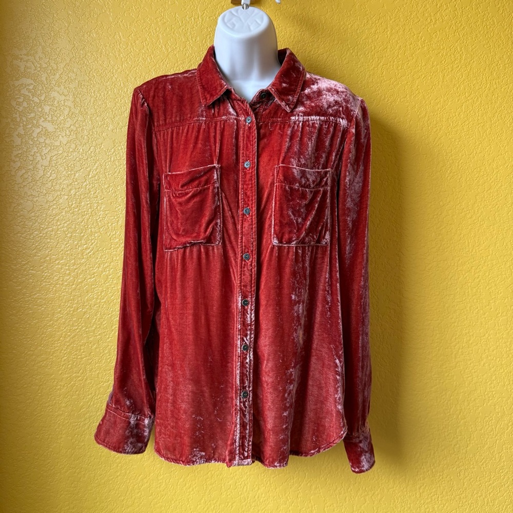 Anthropologie Holding Horses Burnt Orange Crushed Velvet Button Down Shirt